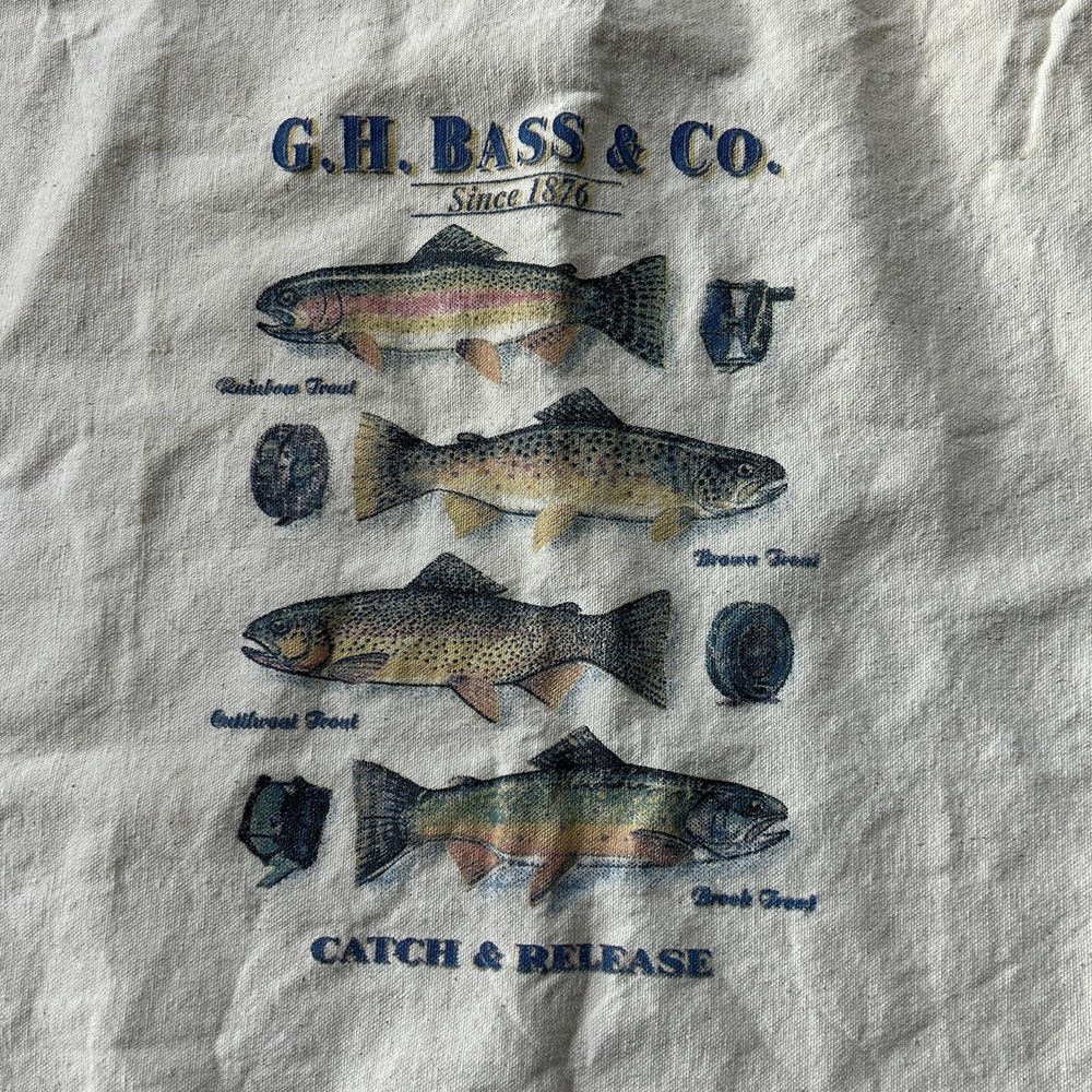 Vintage G.H. Bass & Co. Natural Canvas Drawstring Bag Catch & Release Trout - Picture 2 of 7